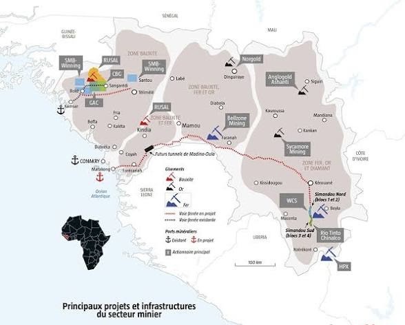 Carte des principaux projets et infrastructures du secteur minier en Guinée